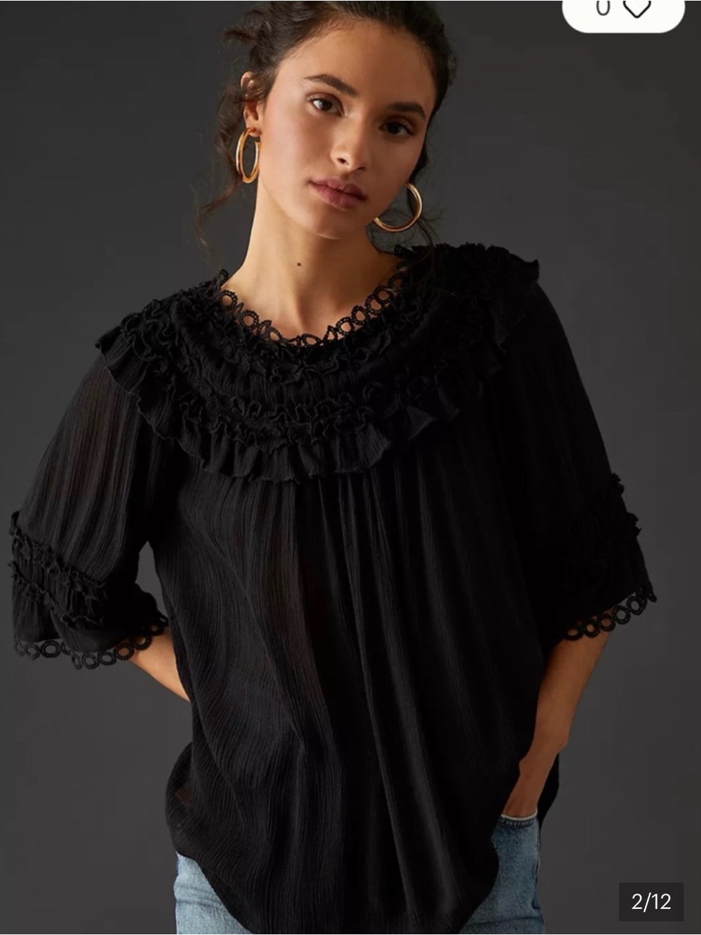 Anthropologie Black Ruffled Lace-Yoke Blouse - Picture 2 of 9